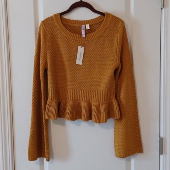 💜Cropped Peplum Sweater Mustard Size Small - Picture 1 of 9